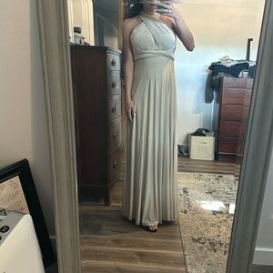 Lulu’s Tricks of the Trade Convertible Maxi Dress champagne color